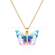 Butterfly Resin Pendant Necklaces, Stainless Steel Cable Chain Necklaces, Golden, Light Blue, 14.96 inch(38cm)(PW-WGE549D-06)