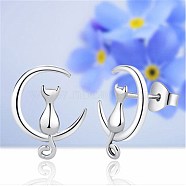 Brass Kitten Stud Earrings, Crescent Moon with Cat, Platinum, 14x11x2mm, Pin: 0.9mm(EJEW-BB64331-A)