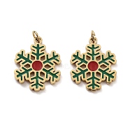 Ion Plating(IP) 304 Stainless Steel Pendants, with Enamel and Jump Ring, Snowflake Charm, Golden, Dark Green, 17x14x1.5mm, Hole: 2.5mm(STAS-K255-17G)