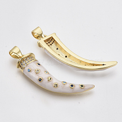 Brass Micro Pave Cubic Zirconia Pendants, with Enamel and Brass Snap on Bails, Scabbard/Tusk, Real 18K Gold Plated, Creamy White, 28x9x5mm, Hole: 3x5mm(KK-N227-02C)
