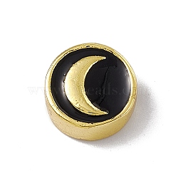 Real 18K Gold Plated Brass Enamel Beads, Long-Lasting Plated, Cadmium Free & Lead Free, Flat Round with Moon, Black, 11x4.5mm, Hole: 1.8mm(KK-A170-01G-03)