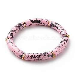 Acrylic Curved Tube Beaded Stretch Bracelet, Chunky Bamboo Friendship Braceelet for Women, Pink, Inner Diameter: 2-1/8 inch(5.3cm)(BJEW-JB08443-01)
