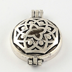 Rack Plating Hollow Brass Diffuser Locket Pendants, Flat Round with Flower, Antique Silver, 44x33x11mm, Hole: 3.5~4mm, inner measure: 30mm(KK-S666-AS)