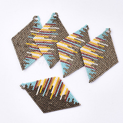 Handmade Japanese Seed Beads Big Pendants, with Nylon Wire, Loom Pattern, Rhombus, Coconut Brown, 63x41x1.7mm, Hole: 2mm; Side Length: 35mm(SEED-S025-10)