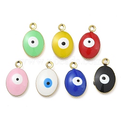 Rack Plating Brass Enamel Charms, Long-Lasting Plated, Lead Free & Cadmium Free, Real 18K Gold Plated, Oval with Evil Eye Pattern, Mixed Color, 11x7x2mm, Hole: 1mm(KK-G515-13G)