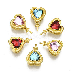 Brass Cup Peg Bails Pin Pendants, with Resin Rhinestone, For Half Drilled Beads, Matte Gold Color, Heart, Mixed Color, 14mm, Hole: 4~5x2~2.5mm, Pin: 0.9mm, Heart: 9x9x7mm(KK-N238-010)