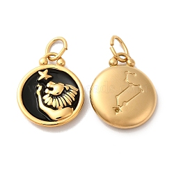 Ion Plating(IP) 304 Stainless Steel Enamel Pendants, with Jump Ring, Flat Round with Constellation, Golden, Leo, 20.5x17x2.5~3.5mm, Hole: 4x6mm(STAS-A080-43G-07)