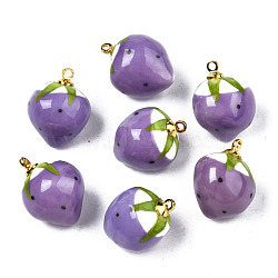 Handmade Porcelain Pendants, with Golden Plated Brass Findings, Famille Rose Style, 3D Strawberry, Blue Violet, 18~20x13.5~15mm, Hole: 1.6mm(PORC-N004-152B-14)