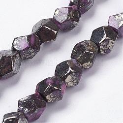 Natural Pyrite Beads Strands, Dyed, Ten Facets, Faceted Round, Magenta, 9~10x8~9x8~10mm, Hole: 1mm, about 20pcs/strand, 8 inches(20.1cm)(G-K181-D01)