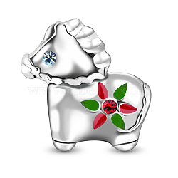 TINYSAND 925 Sterling Silver Cute Horse Enamel European Beads, Large Hole Beads, with Cubic Zirconia, Platinum, 12.58x12.85x6.96mm, Hole: 4.33mm(TS-C-042)