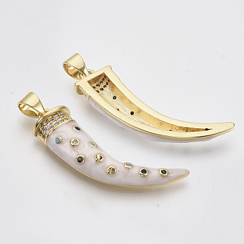 Brass Micro Pave Cubic Zirconia Pendants, with Enamel and Brass Snap on Bails, Scabbard/Tusk, Real 18K Gold Plated, Creamy White, 28x9x5mm, Hole: 3x5mm