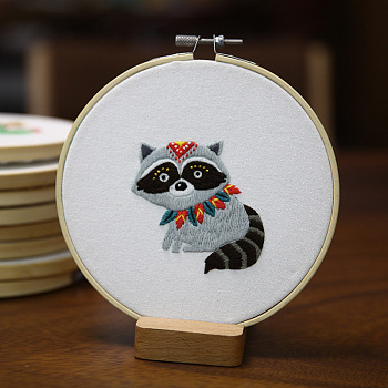 DIY Embroidery Kits, Including Printed Cotton Fabric, Embroidery Thread & Needles, Embroidery Hoop, Raccoon Pattern, 160mm