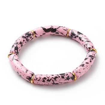 Acrylic Curved Tube Beaded Stretch Bracelet, Chunky Bamboo Friendship Braceelet for Women, Pink, Inner Diameter: 2-1/8 inch(5.3cm)