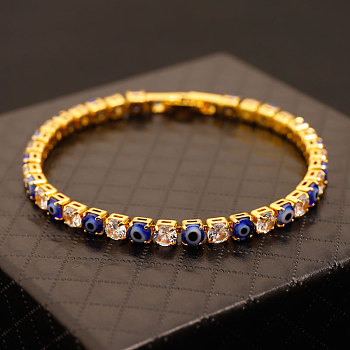 Brass & Clear Cubic Zirconia & Resin Evil Eye Tennis Bracelets for Women, Golden, Blue, 6-3/4 inch(17cm)