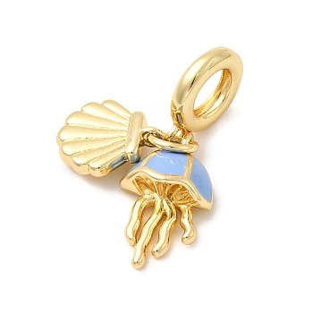 Brass Cornflower Blue Enamel European Dangle Charms, Shell Shape Jellyfish Large Hole Pendants, Real 18K Gold Plated, 33.5mm, Hole: 6mm