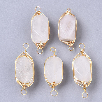 Natural Quartz Crystal Links connectors, Brass Wire Wrapped Links, Faceted, Column, Golden, 22.5~32x9~12x8~9mm, Hole: 1.2mm