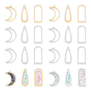 18Pcs 6 Styles 201 Stainless Steel Pendants, Mixed-Shaped Charm, Laser Cut, Teardrop & Arch & Moon, Mixed Color, 26~30x11~18x1mm, Hole: 1.2~1.8mm