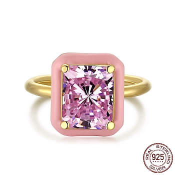 925 Sterling Silver Rings, Birthstone Ring, Real 18K Gold Plated, with Enamel & Cubic Zirconia for Women, Rectangle, Pink, 1.9mm, US Size 7(17.3mm)