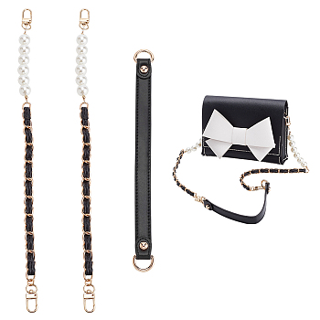WADORN 3Pcs 2 Style PU Leather Shoulder Strap & ABS Plastic Imitation Pearl Bag Chain Straps, with Alloy Findings, for Bag Straps Replacement Accessories, Black, 26.5~37.6x1.05~1.75x0.3~1.4cm