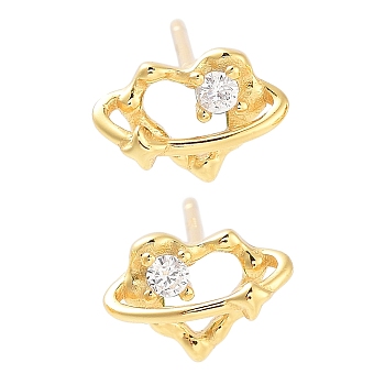 925 Sterling Silver Micro Pave Clear Cubic Zirconia Stud Earrings for Women, Heart, Real 18K Gold Plated, 6.5x9mm