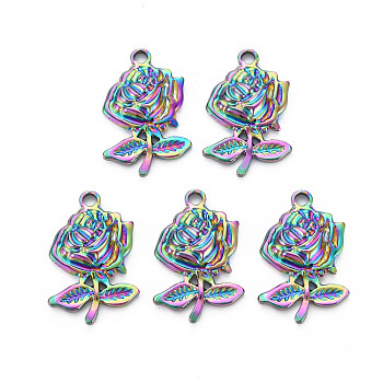 201 Stainless Steel Flower Pendants, Rose, for Valentine’s Day, Rainbow Color, 23.5x15.5x3.5mm, Hole: 2mm