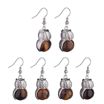 Natural Tiger Eye Owl Dangle Earrings, Platinum Brass Jewelry for Women, 41mm, Pin: 0.6mm