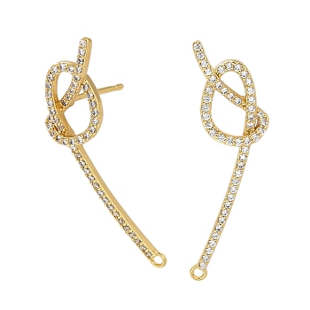 Rack Plating Brass Micro Pave Cubic Zirconia Studs Earring Findings, Long-Lasting Plated, Lead Free & Cadmium Free, Real 18K Gold Plated, 34x12.5mm, Hole: 1.2mm, Pin: 0.8x11mm