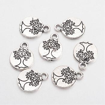 Tibetan Style Alloy Flat Round with Tree Charms, Cadmium Free & Lead Free, Antique Silver, 14.8x11.5x1.5mm, Hole: 2mm