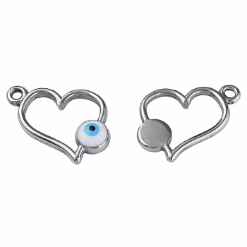 201 Stainless Steel Enamel Pendants, Heart with Evil Eye, Stainless Steel Color, White, 15x17x3mm, Hole: 1.6mm