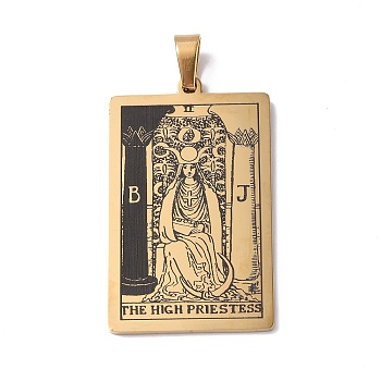 201 Stainless Steel Pendant, Golden, Rectangle with Tarot Pattern, The High Priestess II, 40x24x1.5mm, Hole: 4x7mm