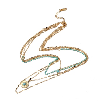 Synthetic Turquoise Sun Pendant Multi Layered Necklace with Plastic Beaded, 304 Stainless Steel Bohemia Necklace for Women, Golden, Wide: 1.6mm and 2mm, 16.14 inch(41cm)