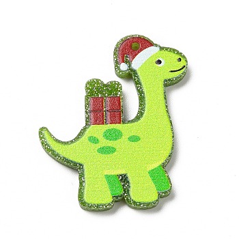 Printed  Acrylic Pendants, with Glitter Sequins, for Christmas, Dinosaur with Gift Box Charm, Green Yellow, 36x28x2mm, Hole: 1.6mm