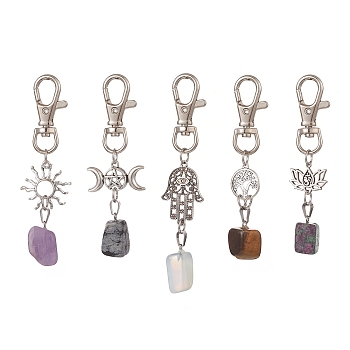 Natural & Synthetic Mixed Gemstone Pendants Decorations, with Alloy Link Charms & Swivel Lobster Claw Clasps, Mixed Shapes, 84~96mm