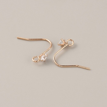 Brass Micro Pave Clear Cubic Zirconia Earring Hooks, with Horizontal Loops, Rose Gold, 15mm, Hole: 2mm, Pin: 0.7mm