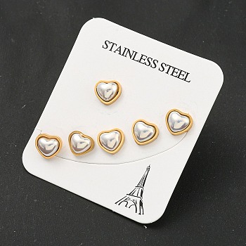 Ion Plating(IP) 304 Stainless Steel Ear Plugs Gauges, with Plastic Pearl Beads, Heart, Golden, 7.5x8.5mm, 3 Pairs/set