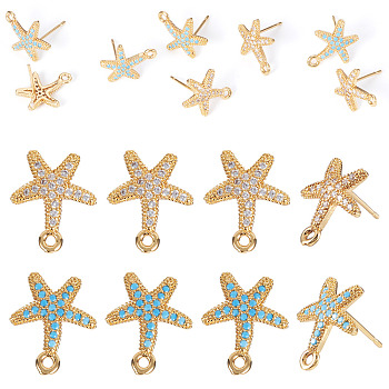 8Pcs 2 Colors Brass Micro Pave Cubic Zirconia Stud Earring Findings, Starfish, Nickel Free, Long-Lasting Plated, Real 18K Gold Plated, Mixed Color, 14x12mm, Hole: 1.2mm, Pin: 0.7mm, 4pcs/color