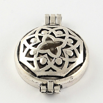 Rack Plating Hollow Brass Diffuser Locket Pendants, Flat Round with Flower, Antique Silver, 44x33x11mm, Hole: 3.5~4mm, inner measure: 30mm