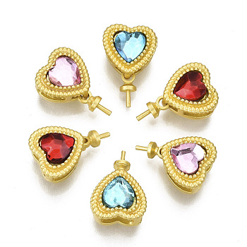 Brass Cup Peg Bails Pin Pendants, with Resin Rhinestone, For Half Drilled Beads, Matte Gold Color, Heart, Mixed Color, 14mm, Hole: 4~5x2~2.5mm, Pin: 0.9mm, Heart: 9x9x7mm