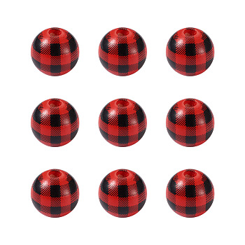 Natural Wooden Beads, Plaid Beads, Tartan Pattern, Round, Red, 5/8 inch(16mm), Hole: 4mm