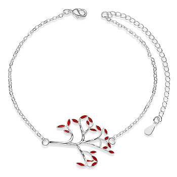 SHEGRACE Brass Link Bracelets, with Epoxy Resin and Cable Chains, Tree, Red, 6-1/2 inch(16.5cm)