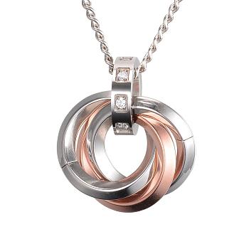 304 Stainless Steel Interlocking Ring Pendants, with Cubic Zirconia, Rose Gold & Stainless Steel Color, 25x22x12.5mm, Hole: 7mm