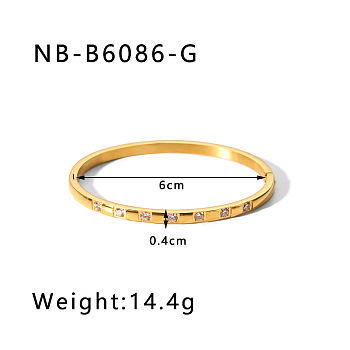 304 Stainless Steel Pave Cubic Zirconia Bangles, Hinged Bangles for Women, Flat Round, Golden, Inner Diameter: 2-3/8 inch(6cm)