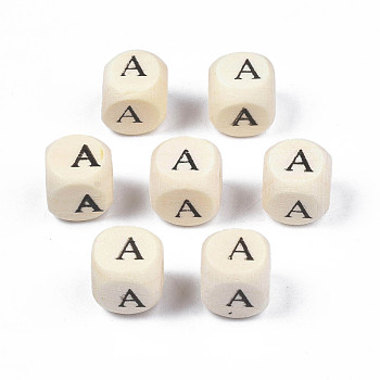 Printed Natural Wood Beads, Horizontal Hole, Cube with Initial Letter, PapayaWhip, Letter.A, 10x10x10mm, Hole: 3.5mm, about 1000pcs/500g