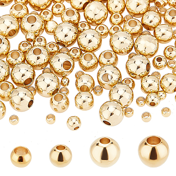 Elite 160Pcs 4 Styles Brass Beads, Long-Lasting Plated, Round, Real 24K Gold Plated, 2~5mm, Hole: 1~1.2mm, 40pcs/style