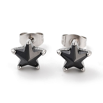 Star 316 Surgical Stainless Steel Pave Black Cubic Zirconia Stud Earrings for Women Men, Antique Silver, 8.5x9mm