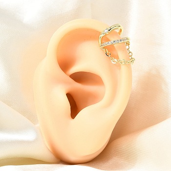 Brass Micro Pave Cubic Zirconia Cuff Earrings for Women, with Chain, Rack Plating, Long-Lasting Plated, Cadmium Free & Lead Free, Real 18K Gold Plated, Clear, 20x13x15mm