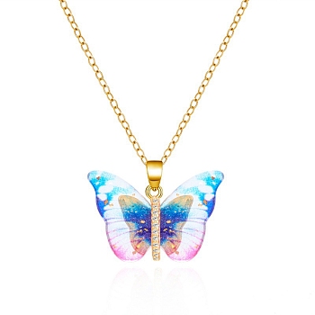 Butterfly Resin Pendant Necklaces, Stainless Steel Cable Chain Necklaces, Golden, Light Blue, 14.96 inch(38cm)