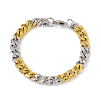 Two Tone Vacuum Plating 201 Stainless Steel Curb Chain Bracelet with 304 Stainless Steel Clasps for Men Women, Golden & Stainless Steel Color, 8-1/8 inch(20.7cm), Link: 11x9x2.5mm