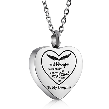 Stainless Steel Heart Urn Ashes Pendant Necklace, Word To My Daughter Memorial Jewelry for Men Women, Stainless Steel Color, 19.69 inch(50cm)