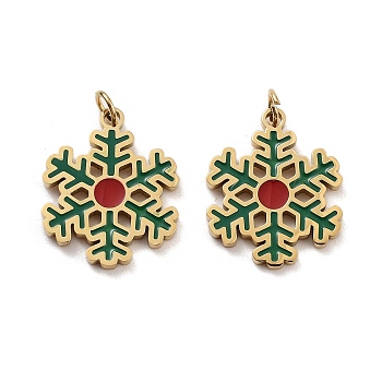 Ion Plating(IP) 304 Stainless Steel Pendants, with Enamel and Jump Ring, Snowflake Charm, Golden, Dark Green, 17x14x1.5mm, Hole: 2.5mm